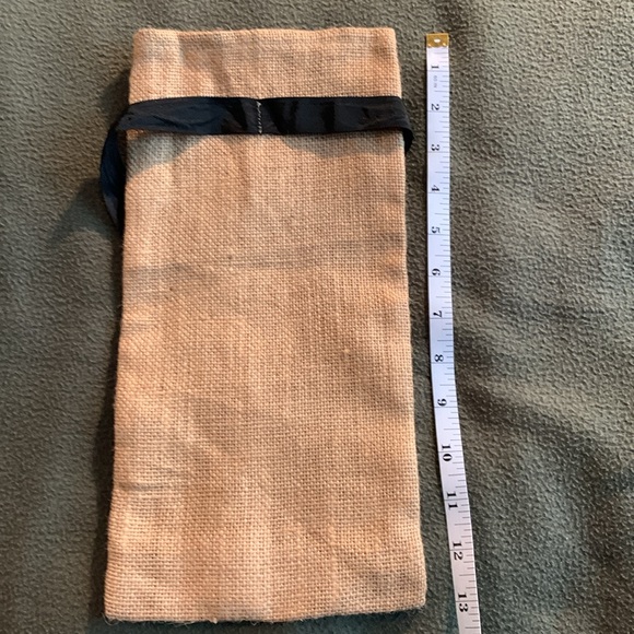 Monogram “C” burlap wine bag with black ribbon tie. Approximately 6 1/2” x 13” - Picture 4 of 5